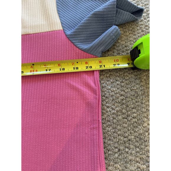 Wimoll Ribbed Colorblock Short Sleeve Top Women’s L Beige Pink Blue Stretch Knit - Picture 7 of 8